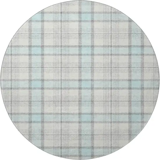 8' Sky Blue Ivory And Gray Plaid Washable Round Rug With UV Protection Photo 3
