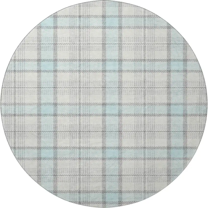 8' Sky Blue Ivory And Gray Plaid Washable Round Rug With UV Protection Photo 3
