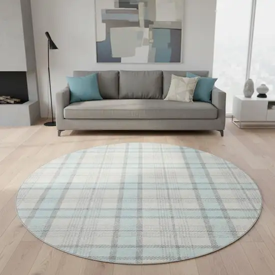 8' Sky Blue Ivory And Gray Plaid Washable Round Rug With UV Protection Photo 2