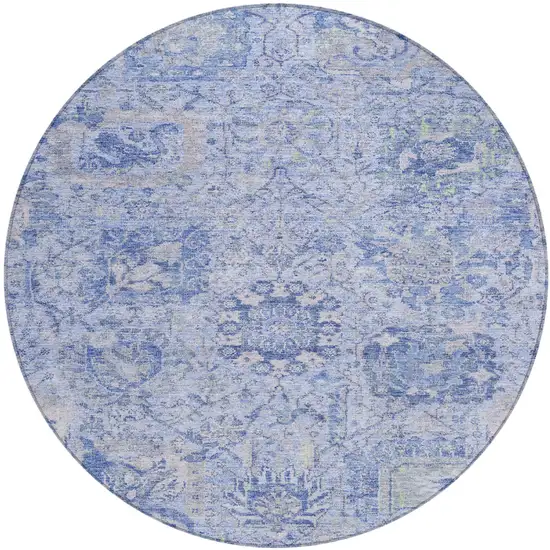 8' Sky Blue Ivory And Gray Round Damask Washable Indoor Outdoor Area Rug Photo 2