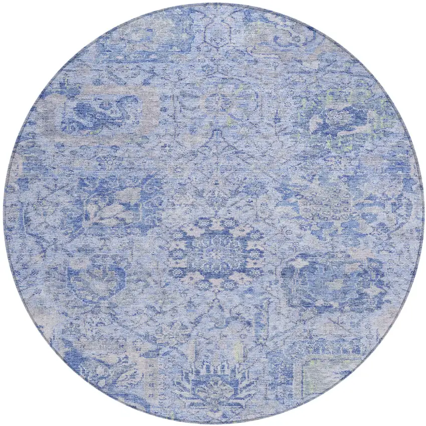 8' Sky Blue Ivory And Gray Round Damask Washable Indoor Outdoor Area Rug Photo 2