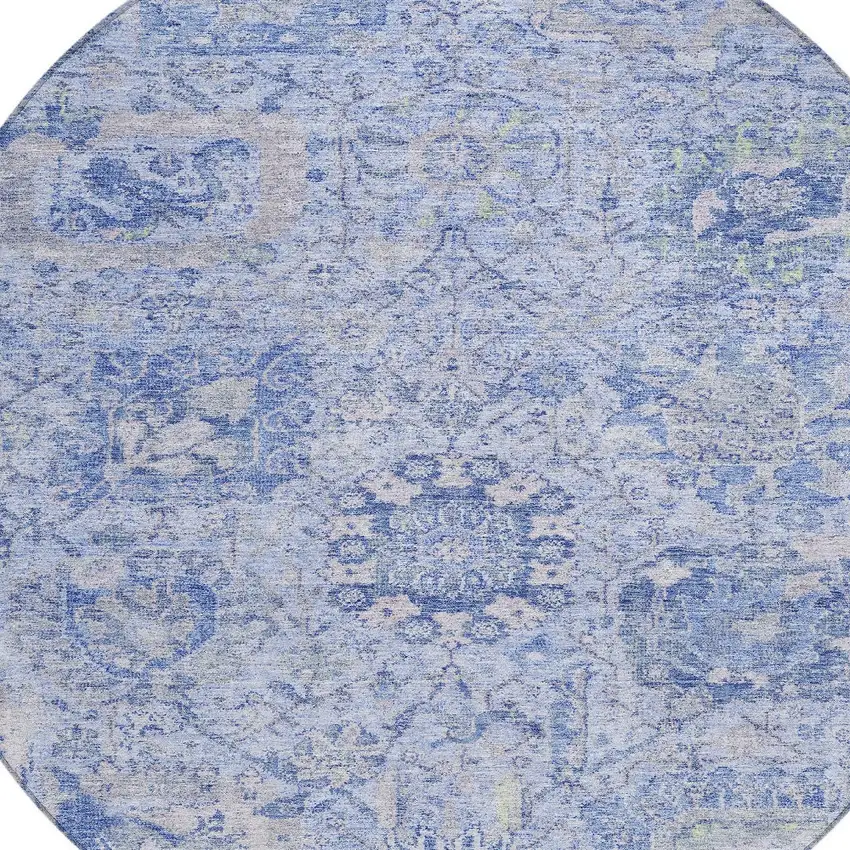 8' Sky Blue Ivory And Gray Round Damask Washable Indoor Outdoor Area Rug Photo 5