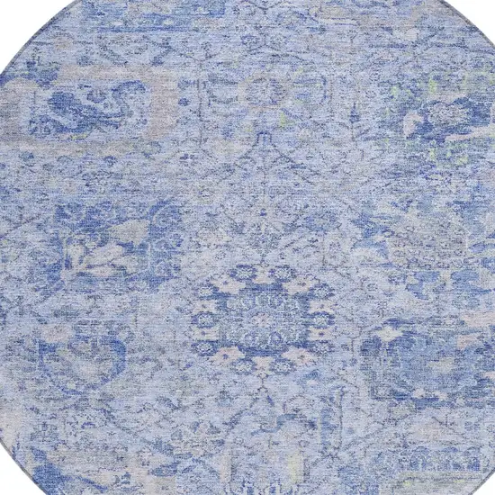 8' Sky Blue Ivory And Gray Round Damask Washable Indoor Outdoor Area Rug Photo 5