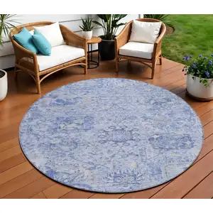Photo of 8' Sky Blue Ivory And Gray Round Damask Washable Indoor Outdoor Area Rug