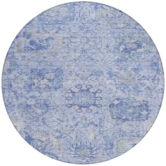 8' Sky Blue Ivory And Gray Round Damask Washable Indoor Outdoor Area Rug Photo 6