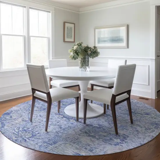 8' Sky Blue Ivory And Gray Round Damask Washable Indoor Outdoor Area Rug Photo 8