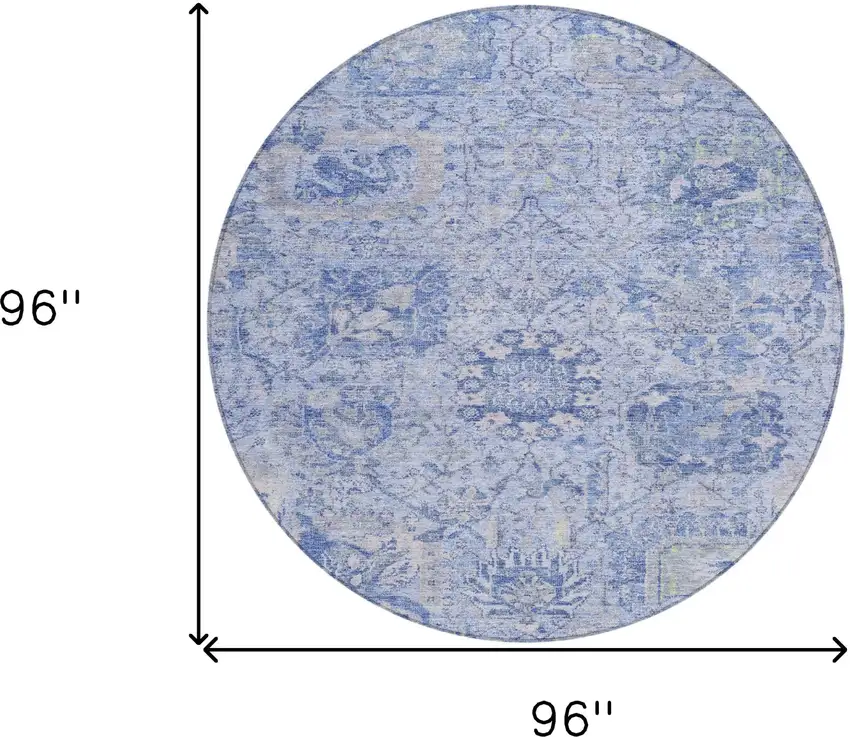 8' Sky Blue Ivory And Gray Round Damask Washable Indoor Outdoor Area Rug Photo 9