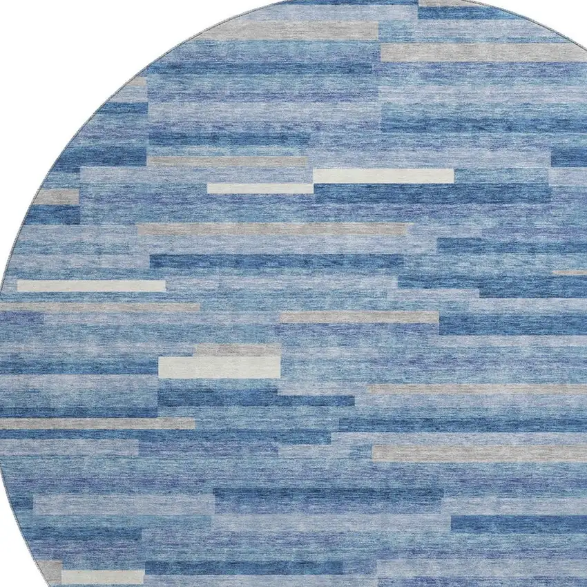 8' Sky Blue Ivory And Gray Striped Washable Round Rug With UV Protection Photo 3