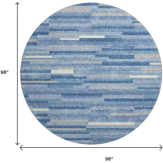 8' Sky Blue Ivory And Gray Striped Washable Round Rug With UV Protection Photo 8