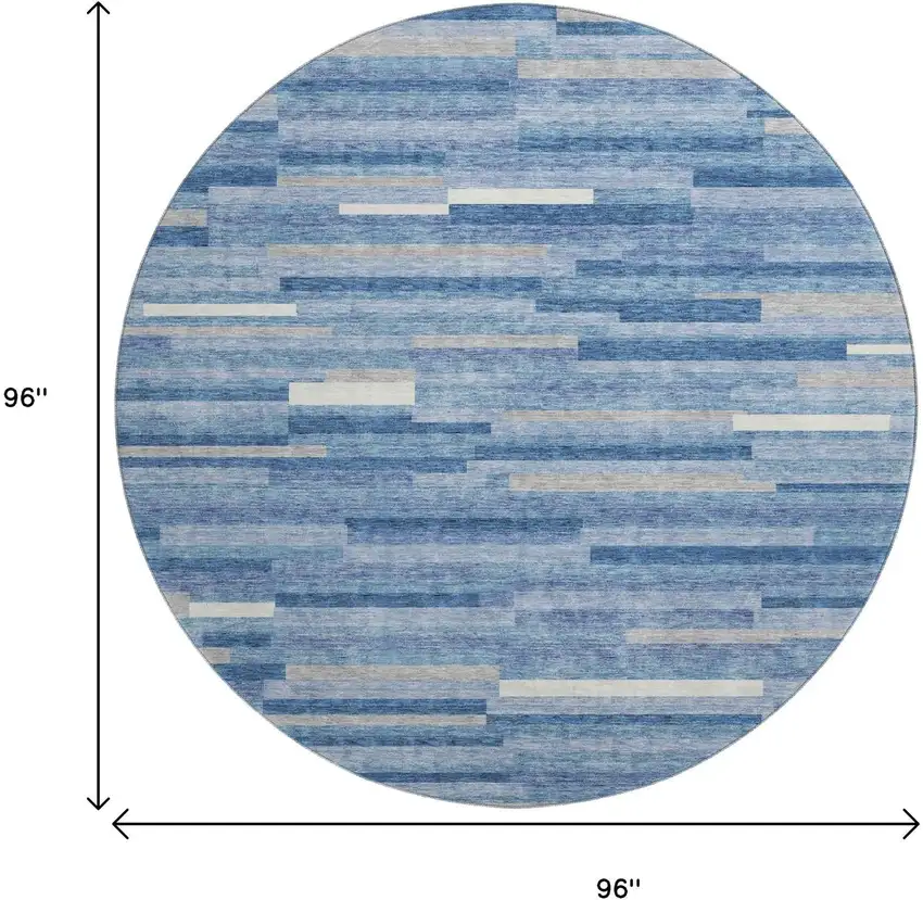 8' Sky Blue Ivory And Gray Striped Washable Round Rug With UV Protection Photo 8