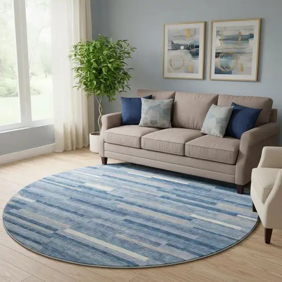 8' Sky Blue Ivory And Gray Striped Washable Round Rug With UV Protection Photo 1
