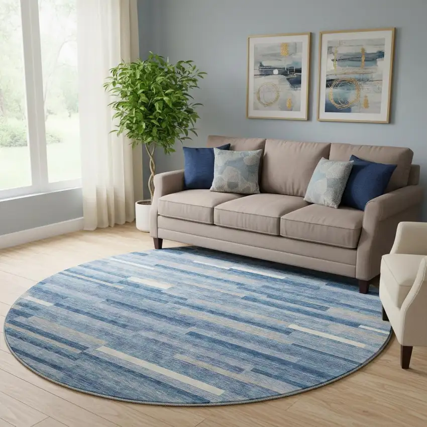 8' Sky Blue Ivory And Gray Striped Washable Round Rug With UV Protection Photo 1