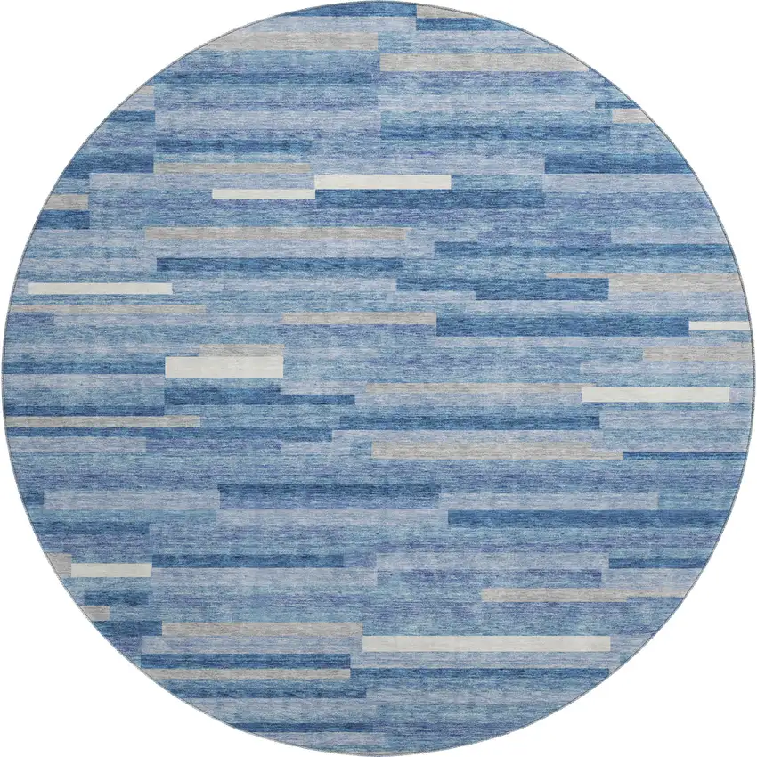 8' Sky Blue Ivory And Gray Striped Washable Round Rug With UV Protection Photo 1