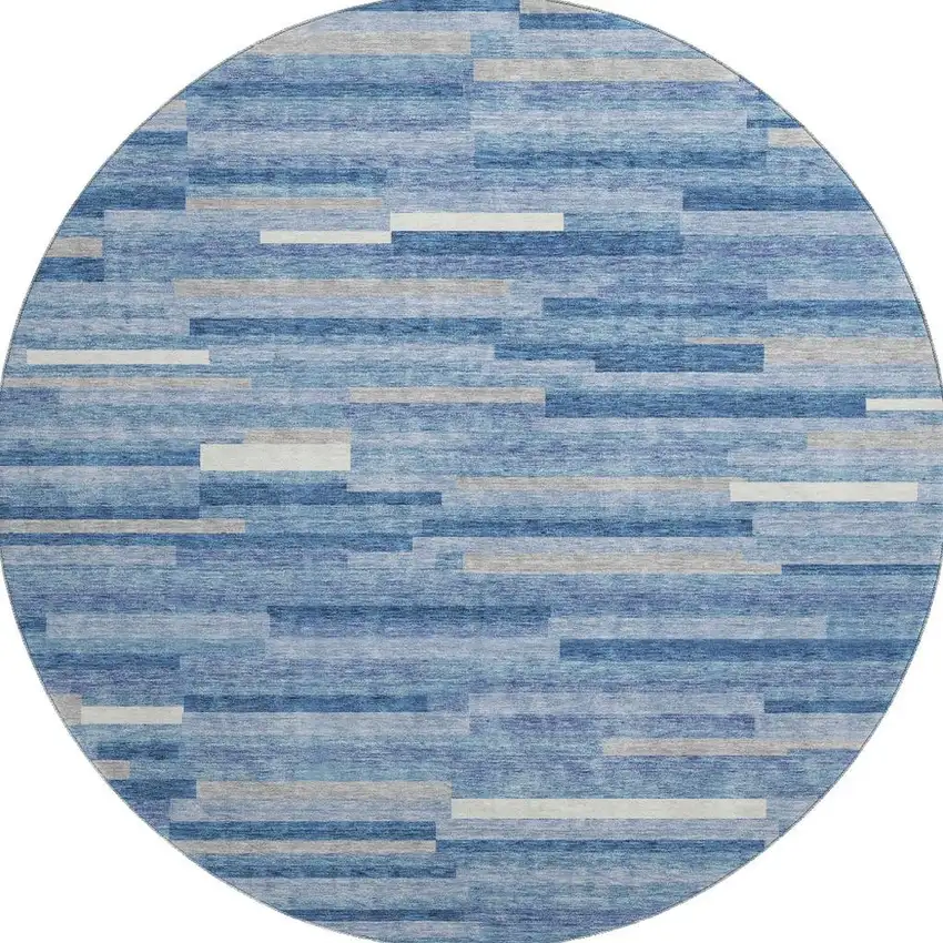 8' Sky Blue Ivory And Gray Striped Washable Round Rug With UV Protection Photo 4
