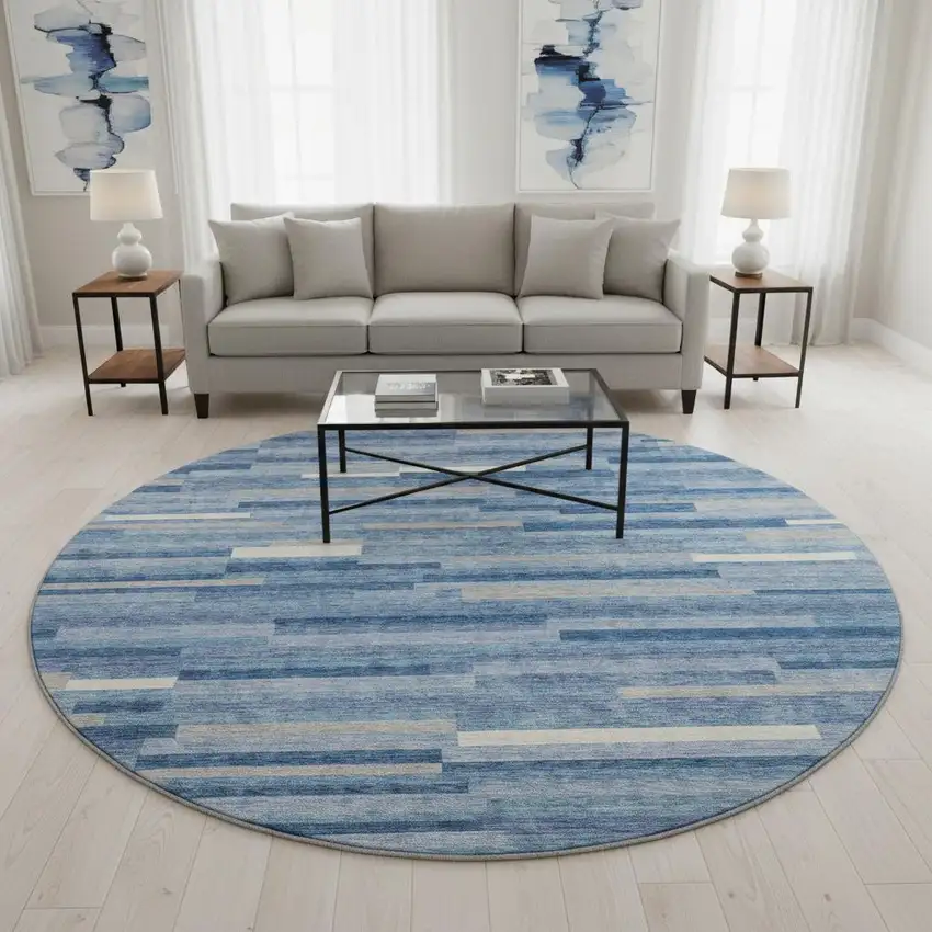8' Sky Blue Ivory And Gray Striped Washable Round Rug With UV Protection Photo 2