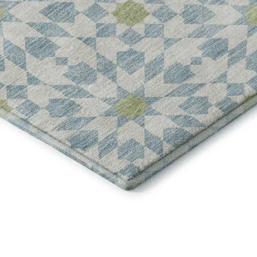 8' Sky Blue Ivory And Green Geometric Washable Round Rug With UV Protection Photo 7