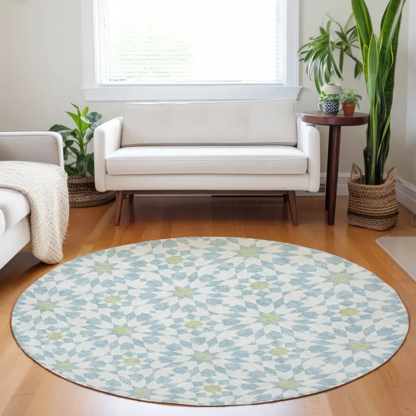 8' Sky Blue Ivory And Green Geometric Washable Round Rug With UV Protection Photo 5