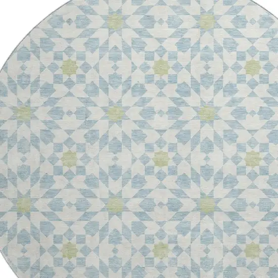 8' Sky Blue Ivory And Green Geometric Washable Round Rug With UV Protection Photo 3