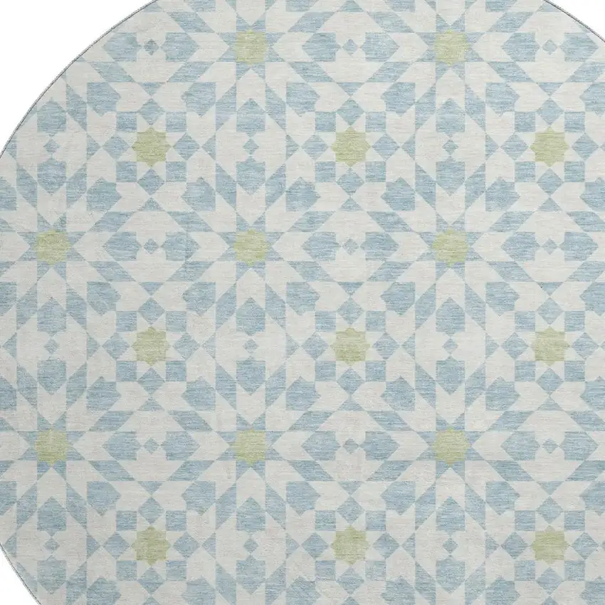 8' Sky Blue Ivory And Green Geometric Washable Round Rug With UV Protection Photo 3