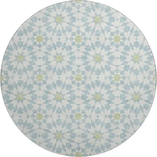 8' Sky Blue Ivory And Green Geometric Washable Round Rug With UV Protection Photo 1