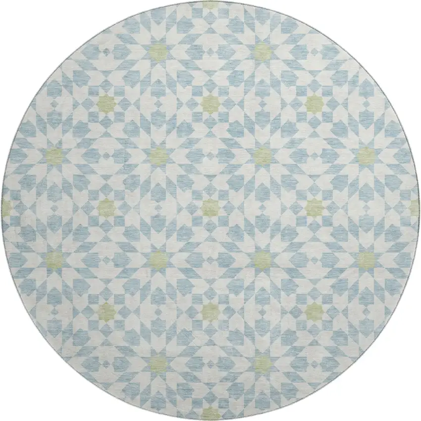 8' Sky Blue Ivory And Green Geometric Washable Round Rug With UV Protection Photo 1