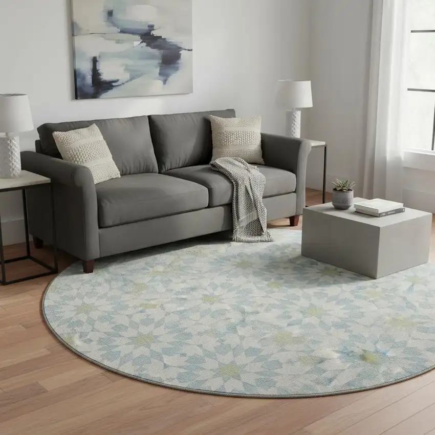 8' Sky Blue Ivory And Green Geometric Washable Round Rug With UV Protection Photo 2