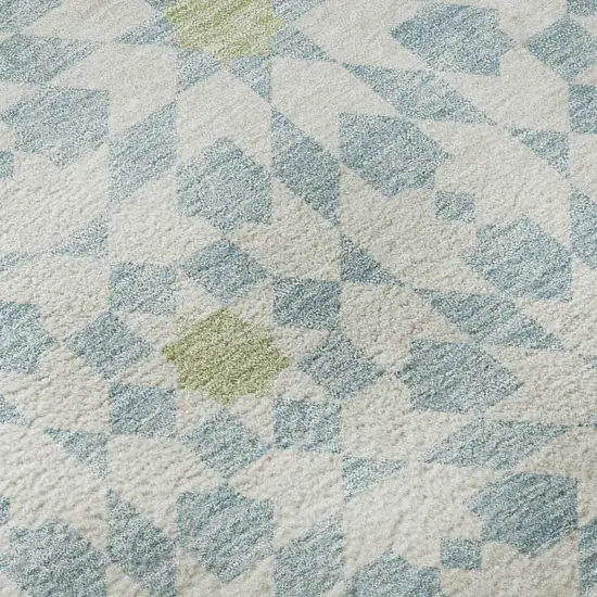 8' Sky Blue Ivory And Green Geometric Washable Round Rug With UV Protection Photo 9