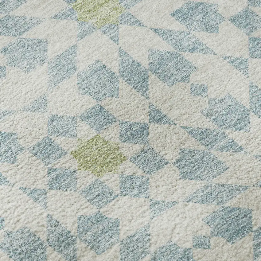 8' Sky Blue Ivory And Green Geometric Washable Round Rug With UV Protection Photo 9