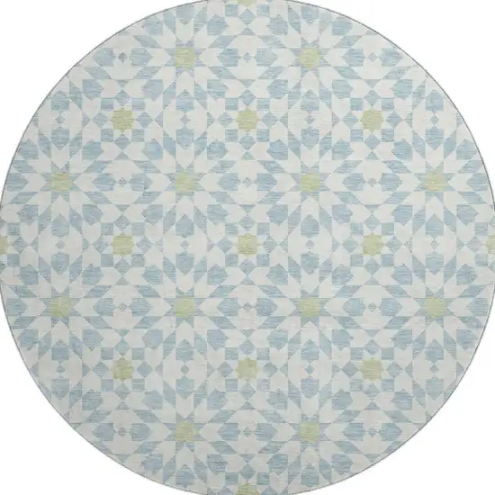 8' Sky Blue Ivory And Green Geometric Washable Round Rug With UV Protection Photo 4