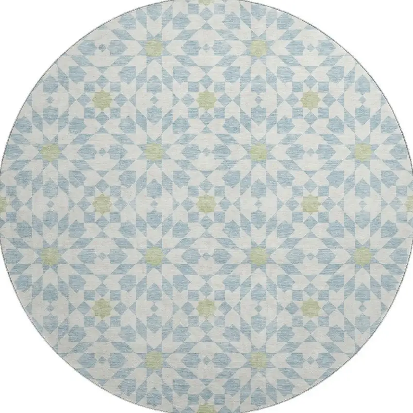 8' Sky Blue Ivory And Green Geometric Washable Round Rug With UV Protection Photo 4