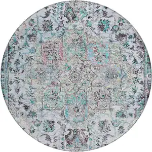 Photo of 8' Sky Blue Ivory And Lavender Round Floral Medallion Washable Indoor Outdoor Area Rug