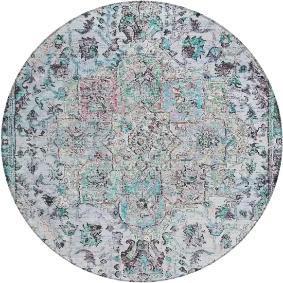 8' Sky Blue Ivory And Lavender Round Floral Medallion Washable Indoor Outdoor Area Rug Photo 1