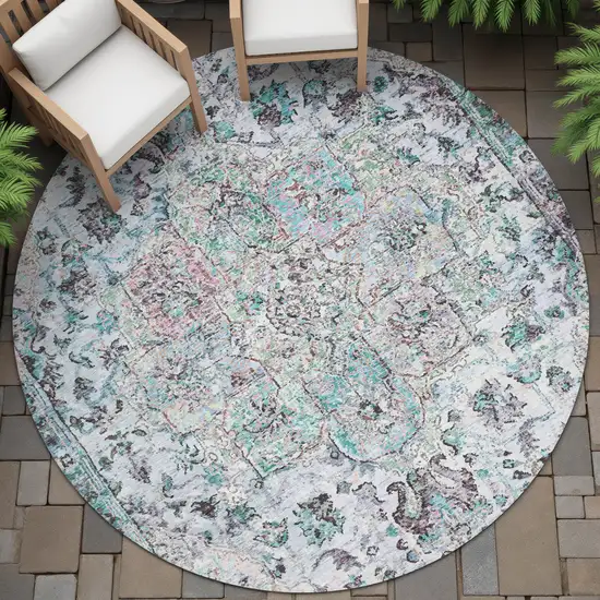 8' Sky Blue Ivory And Lavender Round Floral Medallion Washable Indoor Outdoor Area Rug Photo 7