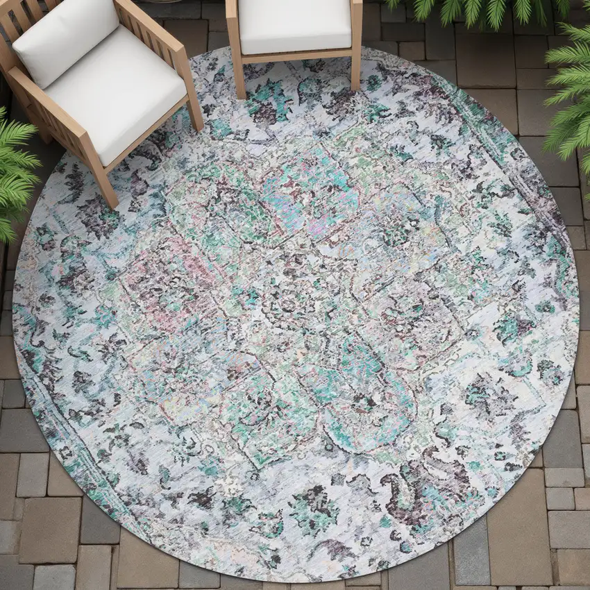 8' Sky Blue Ivory And Lavender Round Floral Medallion Washable Indoor Outdoor Area Rug Photo 7