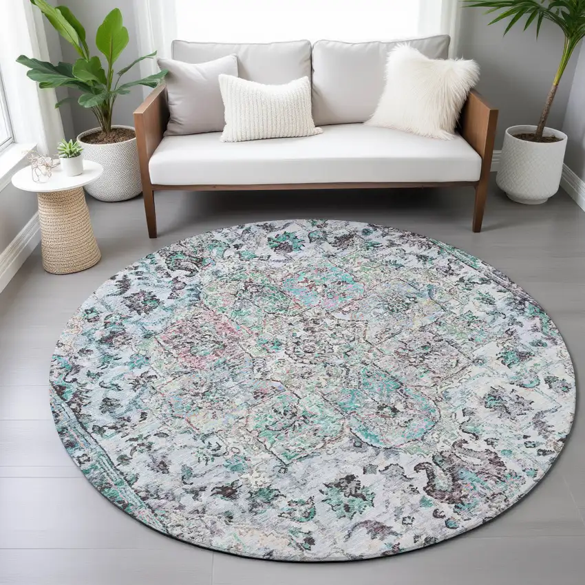 8' Sky Blue Ivory And Lavender Round Floral Medallion Washable Indoor Outdoor Area Rug Photo 8
