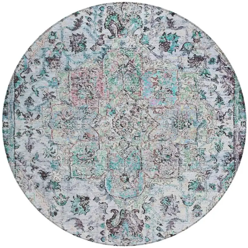 8' Sky Blue Ivory And Lavender Round Floral Medallion Washable Indoor Outdoor Area Rug Photo 4