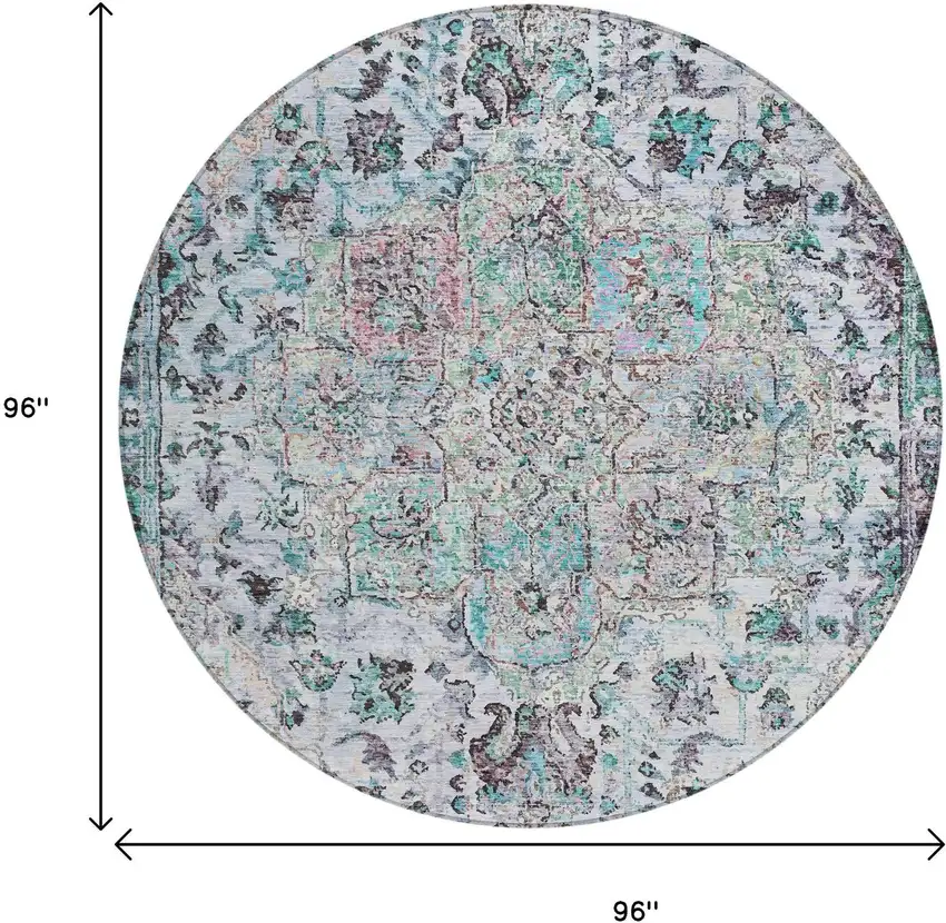 8' Sky Blue Ivory And Lavender Round Floral Medallion Washable Indoor Outdoor Area Rug Photo 9