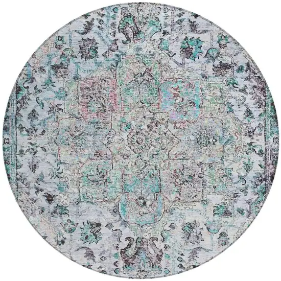 8' Sky Blue Ivory And Lavender Round Floral Medallion Washable Indoor Outdoor Area Rug Photo 3