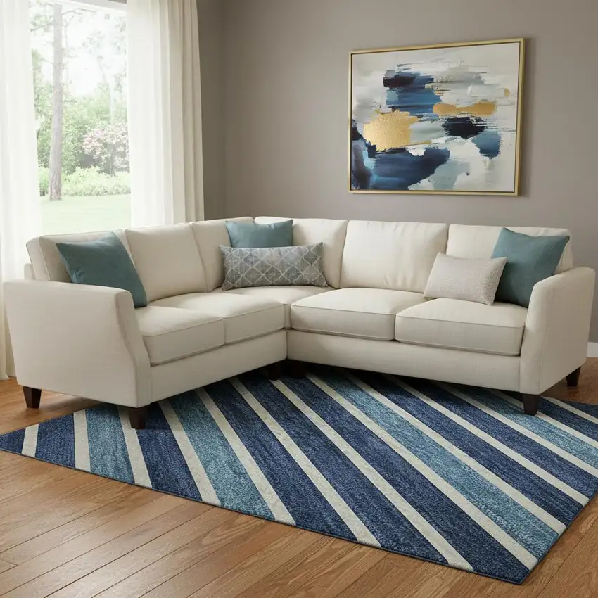 8' Sky Blue Ivory And Navy Blue Striped Washable Area Rug With UV Protection Photo 2