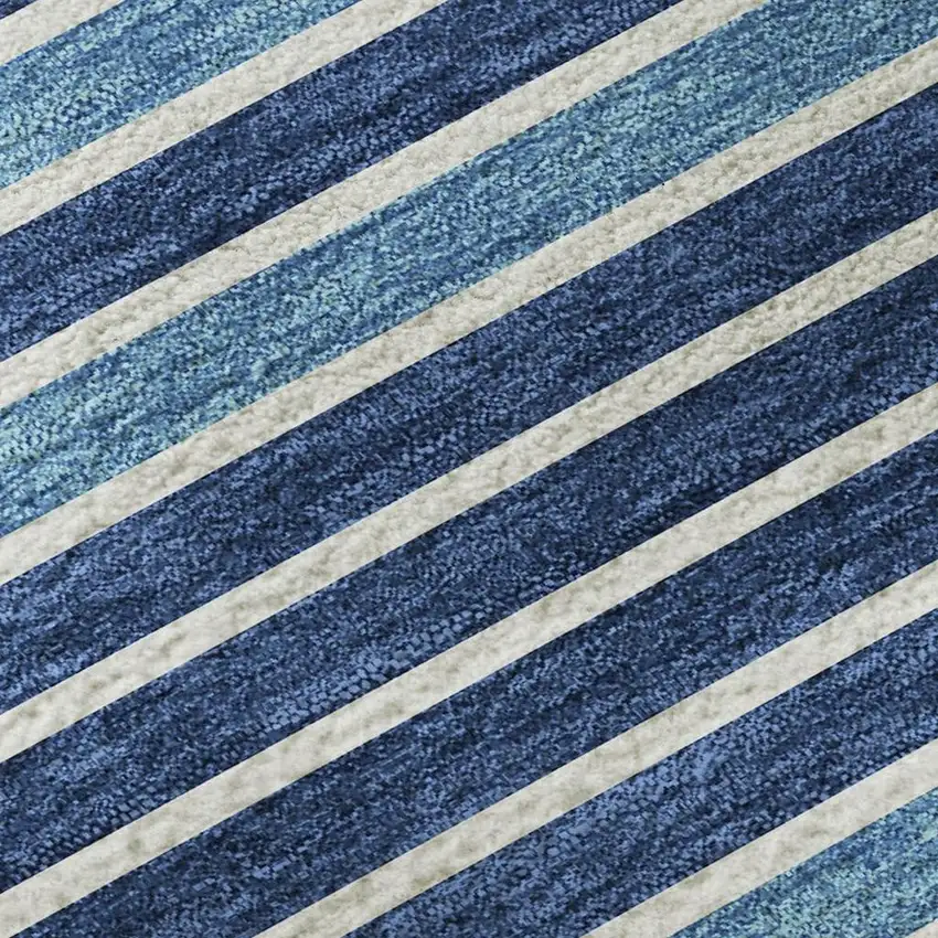8' Sky Blue Ivory And Navy Blue Striped Washable Area Rug With UV Protection Photo 2