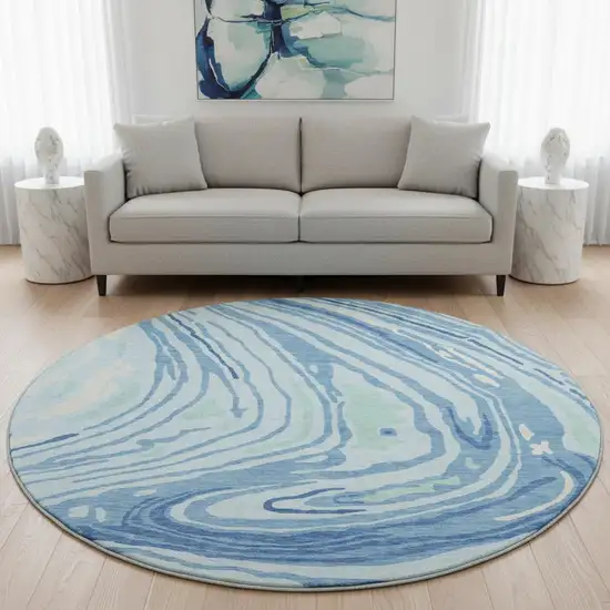 8' Sky Blue Ivory And Sage Abstract Washable Round Rug With UV Protection Photo 2