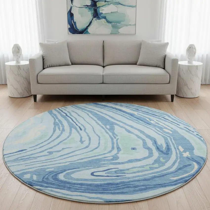 8' Sky Blue Ivory And Sage Abstract Washable Round Rug With UV Protection Photo 2