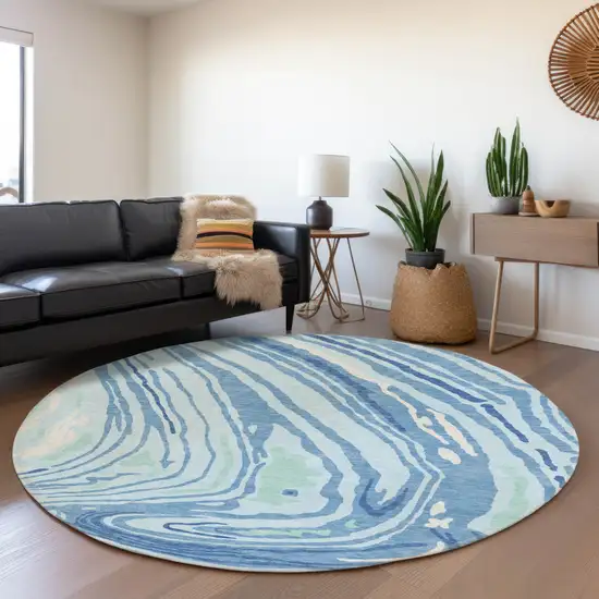 8' Sky Blue Ivory And Sage Abstract Washable Round Rug With UV Protection Photo 4