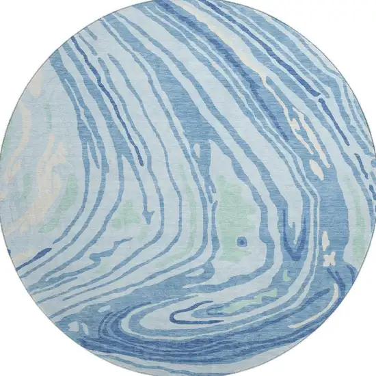 8' Sky Blue Ivory And Sage Abstract Washable Round Rug With UV Protection Photo 3