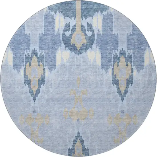 8' Sky Blue Ivory And Tan Ikat Washable Round Rug With UV Protection Photo 4