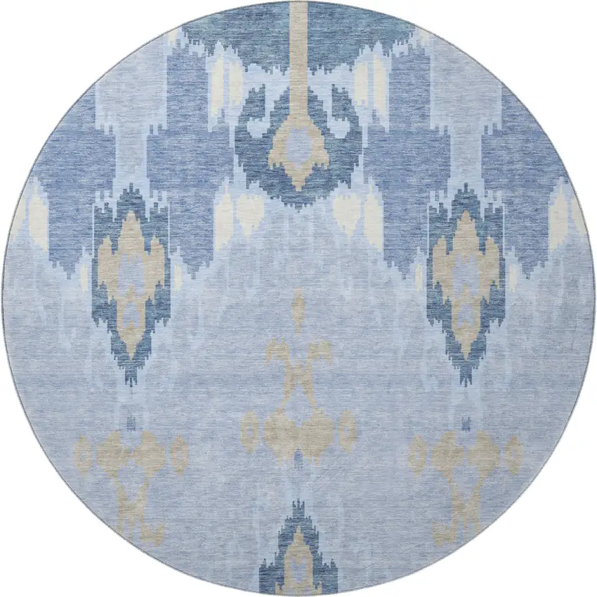 8' Sky Blue Ivory And Tan Ikat Washable Round Rug With UV Protection Photo 4