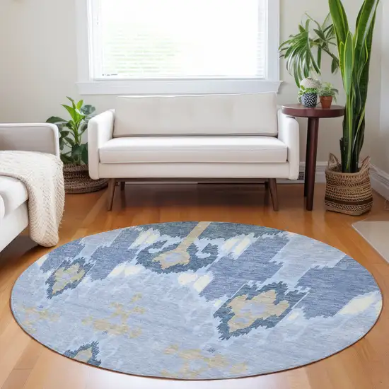 8' Sky Blue Ivory And Tan Ikat Washable Round Rug With UV Protection Photo 5