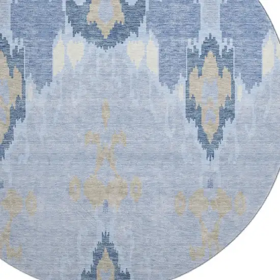 8' Sky Blue Ivory And Tan Ikat Washable Round Rug With UV Protection Photo 3