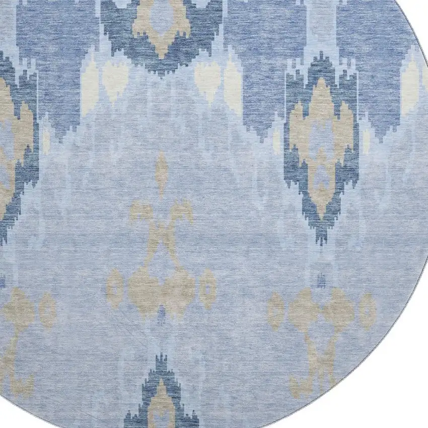 8' Sky Blue Ivory And Tan Ikat Washable Round Rug With UV Protection Photo 3