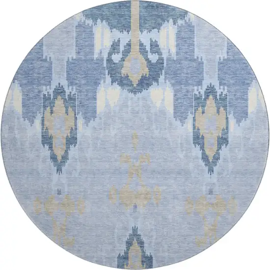 8' Sky Blue Ivory And Tan Ikat Washable Round Rug With UV Protection Photo 1